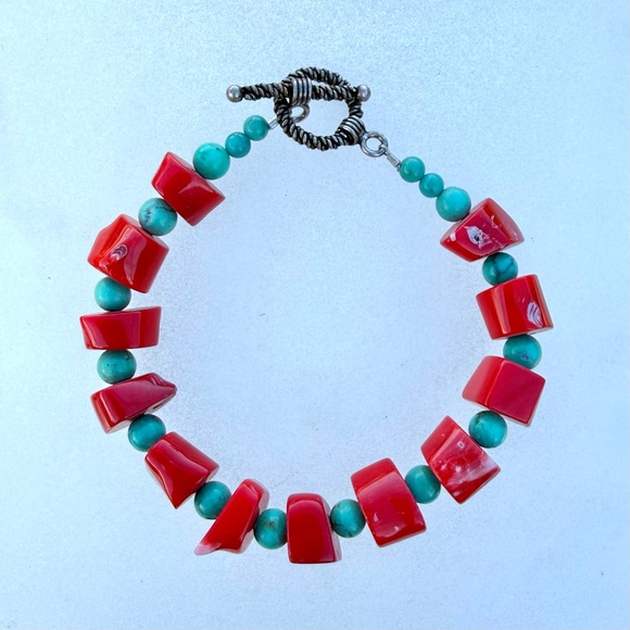 Dyed Red Coral and Turquoise Beads Toggle Closure 8” Bracelet - Picture 2 of 2